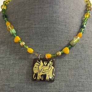 Artisan Green and Yellow Beaded Necklace with Pendant